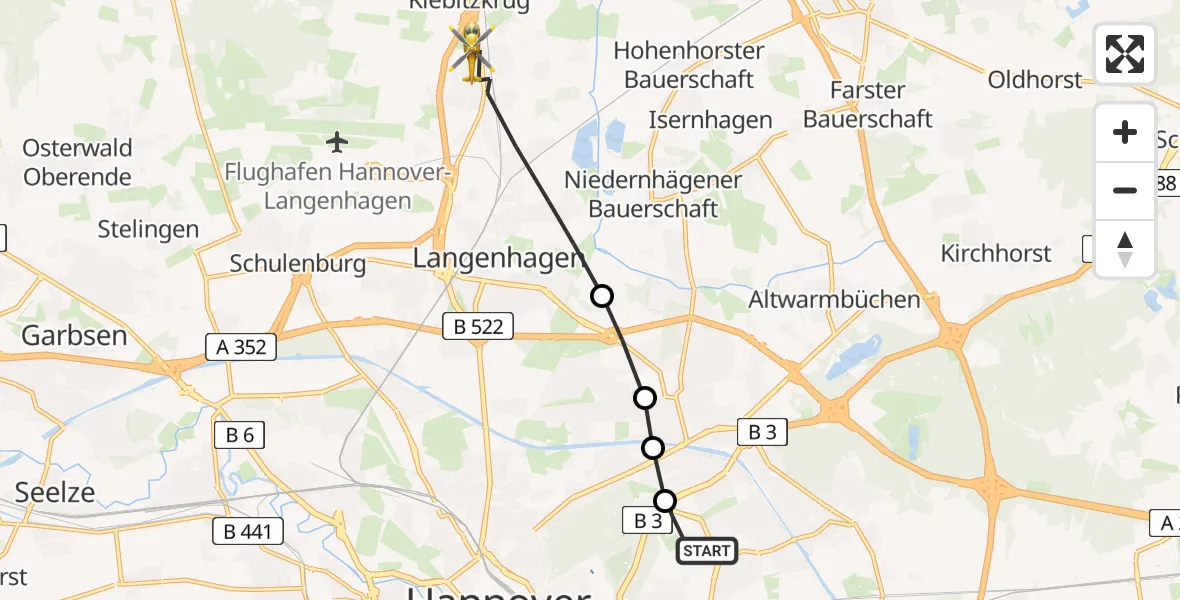 Flugroute Rettungshubschrauber Hannover Luftrettung Hubschrauberlandeplatz (Christoph 4) - Langenhagen, 26 März 2026, 16:14