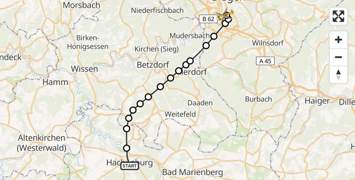 Flugroute Rettungshubschrauber Hachenburg - Evangelisches Jung-Stilling Hospital, 26 März 2026, 16:19