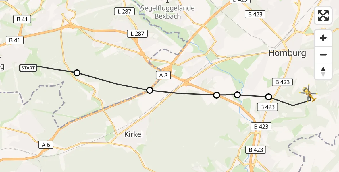 Flugroute Rettungshubschrauber Spiesen-Elversberg - Homburg, 26 März 2026, 16:19