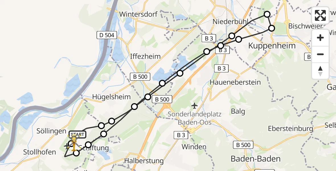 Flugroute Rettungshubschrauber Karlsruhe Baden-Baden Flughafen - Karlsruhe Baden-Baden Flughafen, 26 März 2026, 16:30