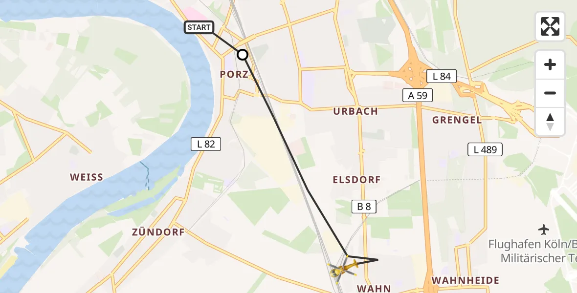 Flugroute Rettungshubschrauber Porz am Rhein Hospital - Porz, 26 März 2026, 16:54