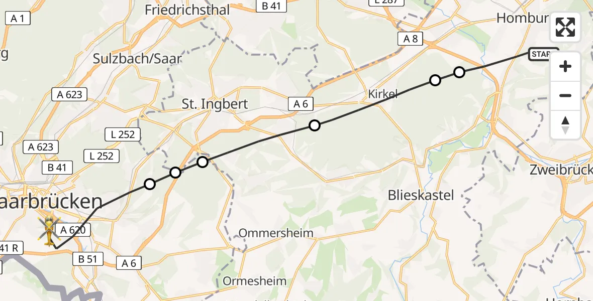 Routekaart van de vlucht: Rettungshubschrauber nach Saarbrücken, Winterberg