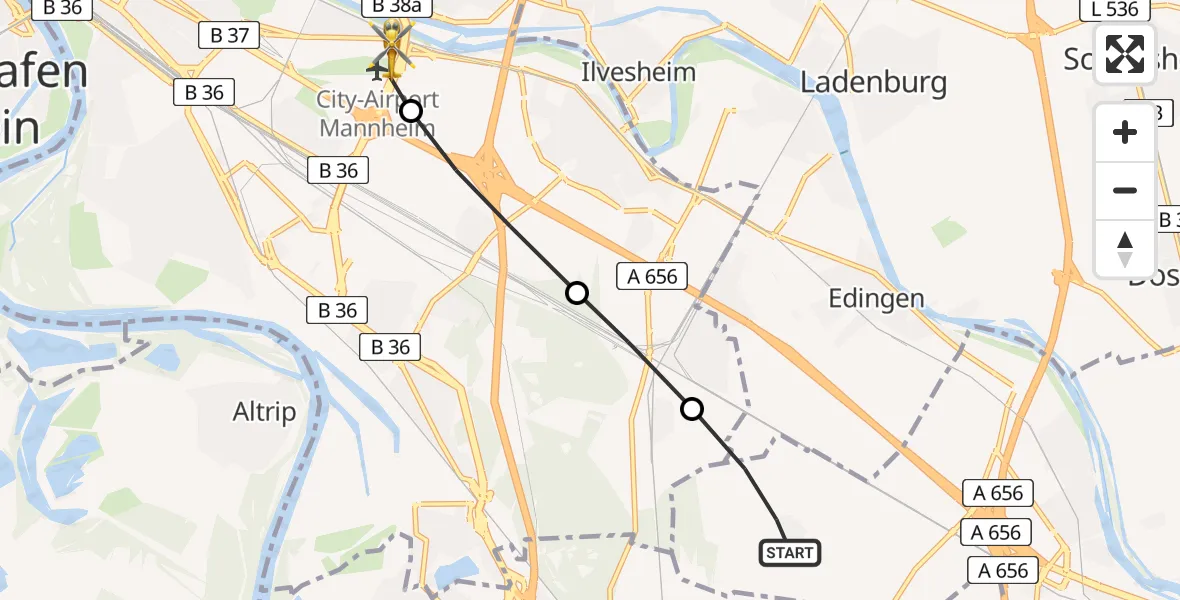Flugroute Rettungshubschrauber Heidelberg - Mannheim-City Flughafen, 26 März 2026, 17:00