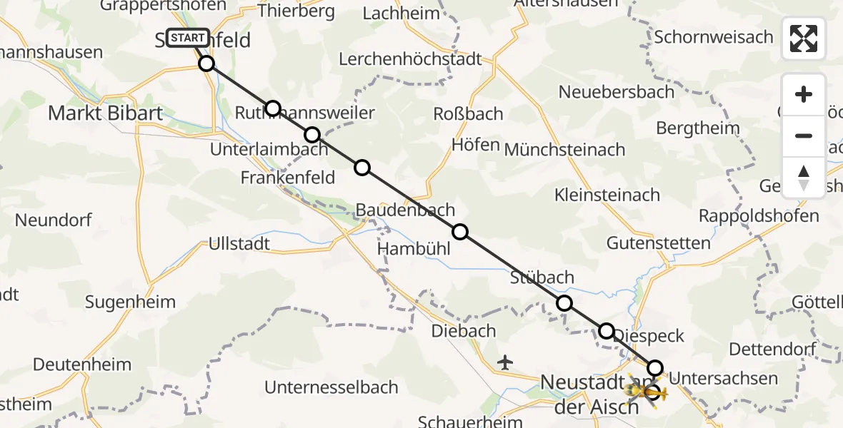 Flugroute Rettungshubschrauber Grappertshofen - Neustadt Krankenhaus Hubschrauberlandeplatz, 26 März 2026, 17:01