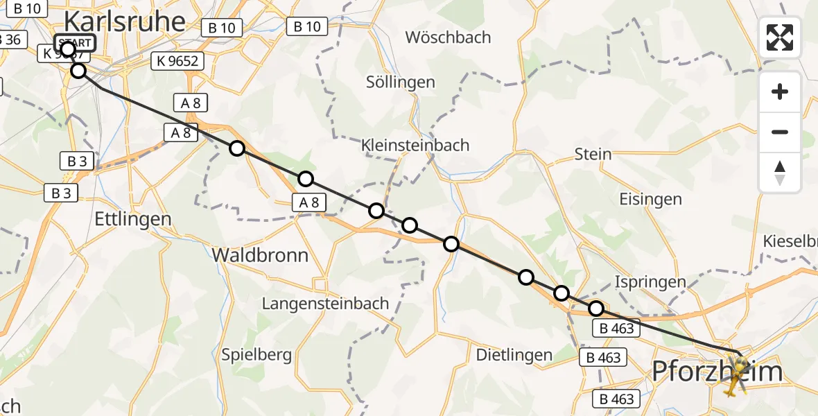 Flugroute Rettungshubschrauber Sankt Vincentius Hospital - Pforzheim, 26 März 2026, 17:25