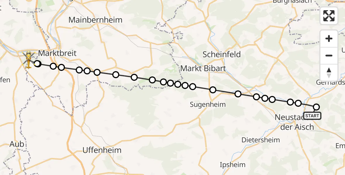 Flugroute Rettungshubschrauber Untersachsen - Ochsenfurt Hospital, 26 März 2026, 17:31