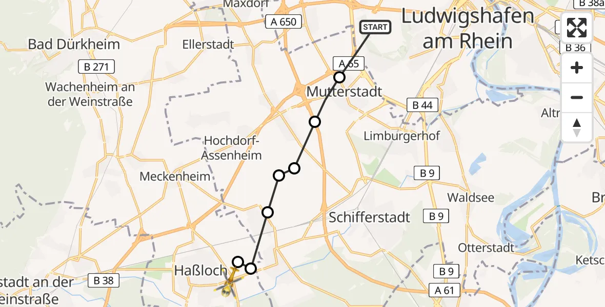 Flugroute Rettungshubschrauber Ludwigshafen am Rhein - Haßloch, 26 März 2026, 17:41