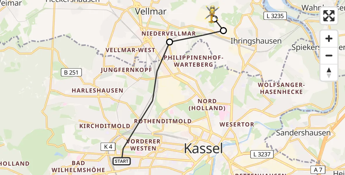 Flugroute Rettungshubschrauber Kassel - Fuldatal Bundespolizei Hubschrauberlandeplatz, 26 März 2026, 17:47