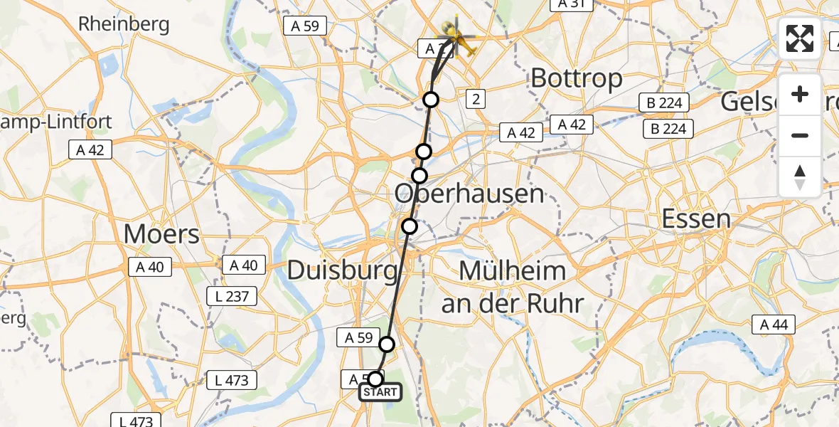 Flugroute Rettungshubschrauber Duisburg Air Rescue Hubschrauberlandeplatz (Christoph 9) - Oberhausen, 26 März 2026, 17:53