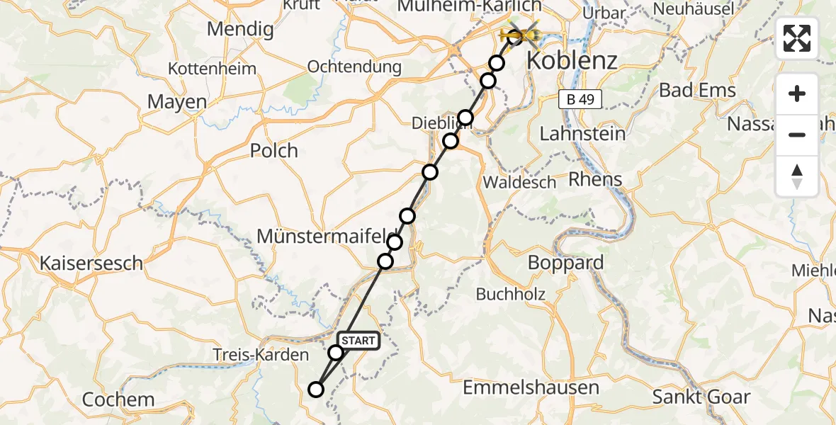 Routekaart van de vlucht: Rettungshubschrauber nach Koblenz, Rübenacher Straße