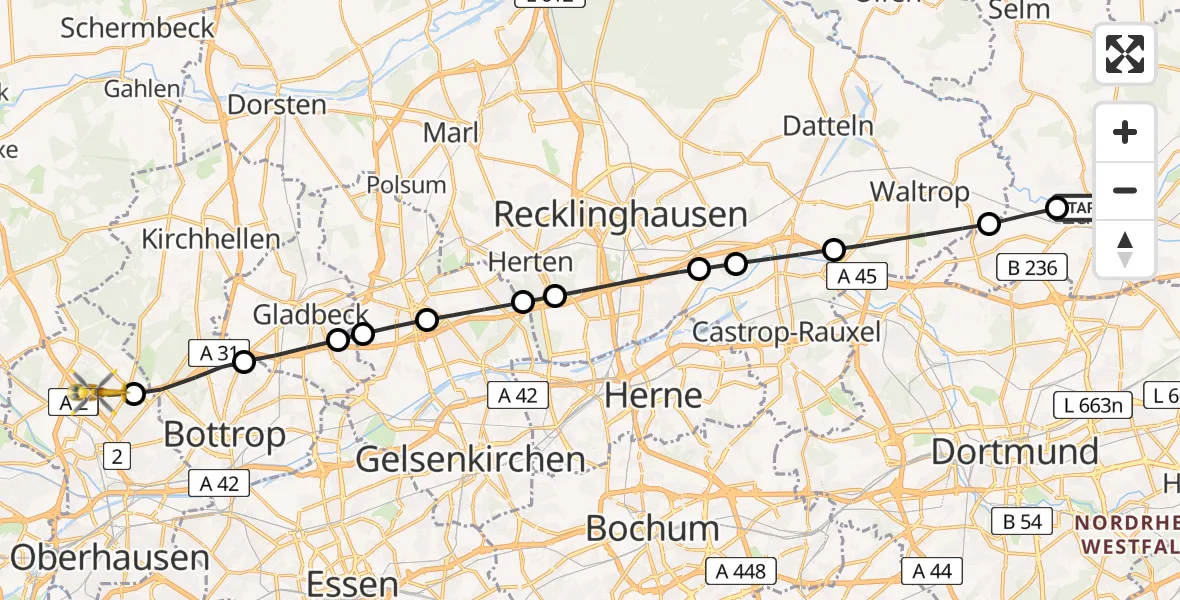 Flugroute Rettungshubschrauber Sankt Marien Hospital - Oberhausen, 26 März 2026, 17:56