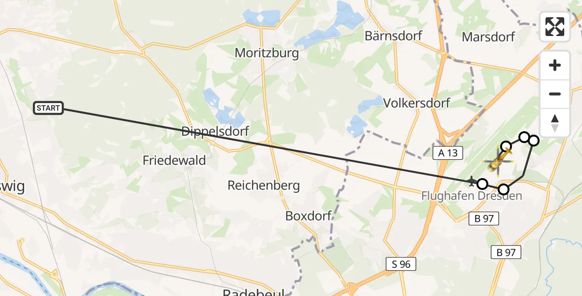 Flugroute Rettungshubschrauber Coswig - Dresden Bundespolizei Hubschrauberlandeplatz, 26 März 2026, 18:07