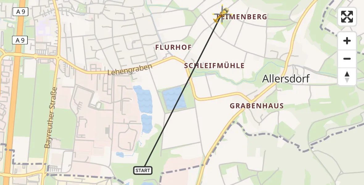 Routekaart van de vlucht: Rettungshubschrauber nach Bayreuth Flughafen