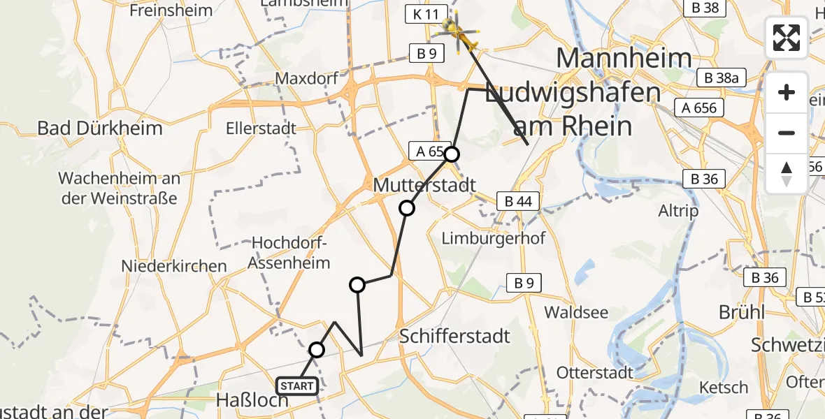 Flugroute Rettungshubschrauber Haßloch - Ludwigshafen am Rhein, 26 März 2026, 18:20