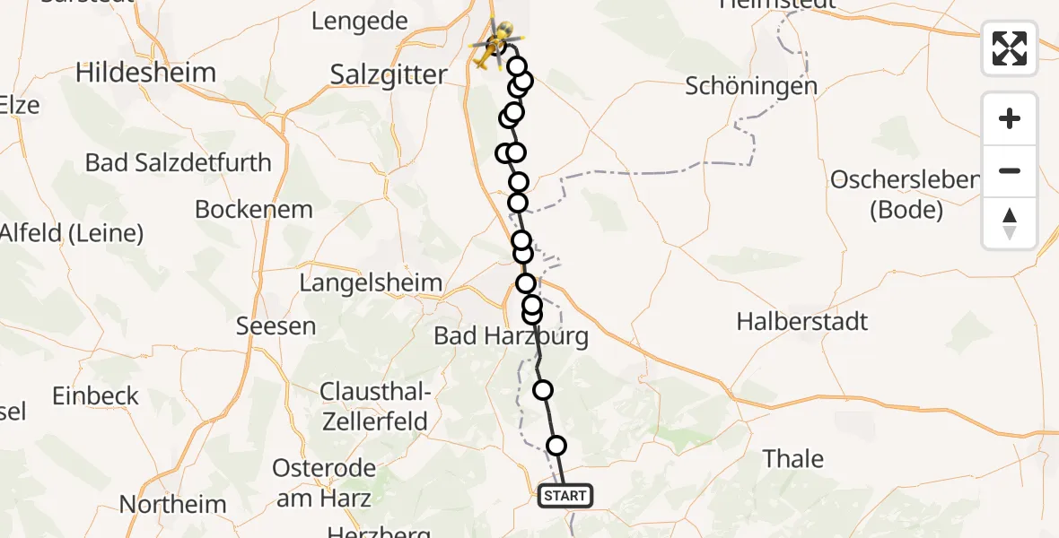 Routekaart van de vlucht: Rettungshubschrauber nach Wolfenbüttel Municipal Hospital Heliport (Christoph 30)
