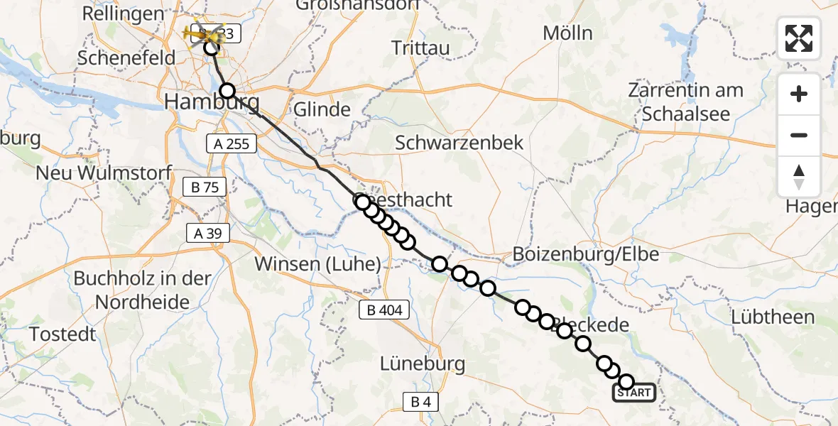 Flugroute Rettungshubschrauber Tosterglope - Hamburg Helmut Schmidt Flughafen, 26 März 2026, 18:24