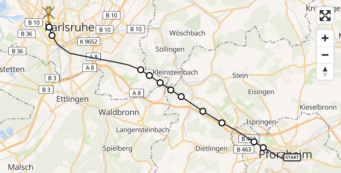 Flugroute Rettungshubschrauber Pforzheim - Karlsruhe, 26 März 2026, 18:25