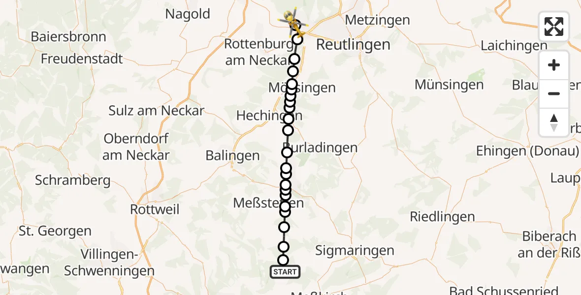 Routekaart van de vlucht: Rettungshubschrauber nach Tübingen University Hospital