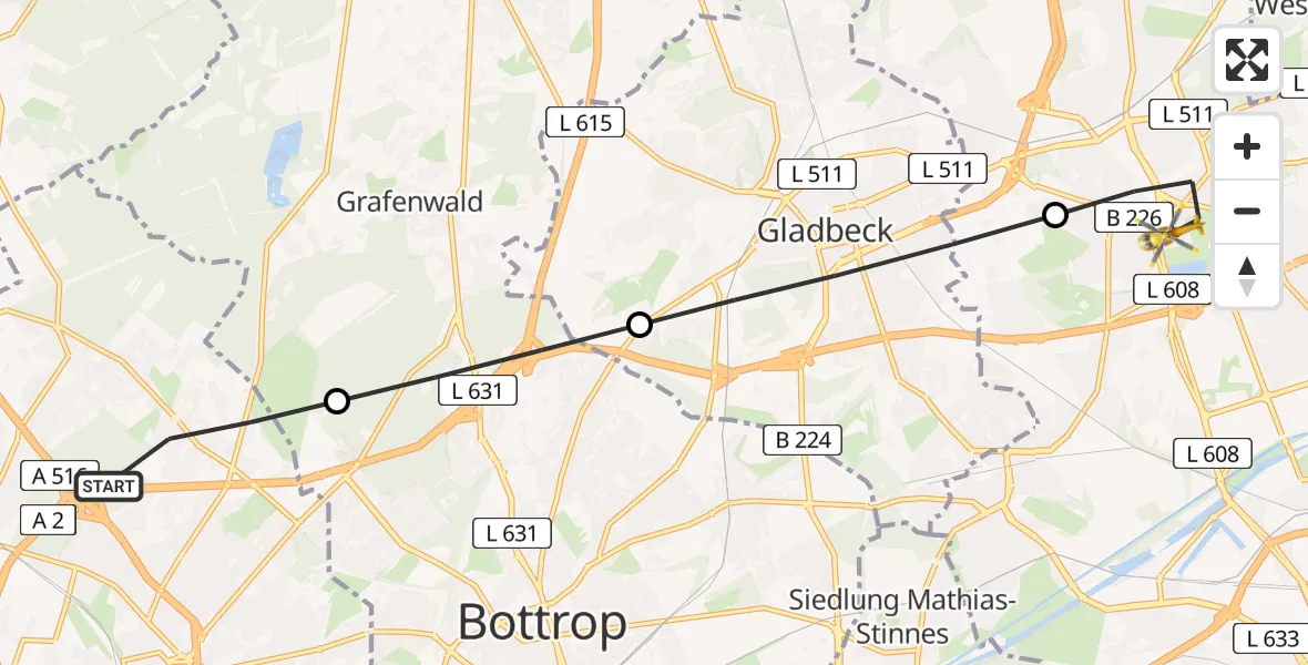 Flugroute Rettungshubschrauber Oberhausen - Gelsenkirchen-Nord, 26 März 2026, 18:42
