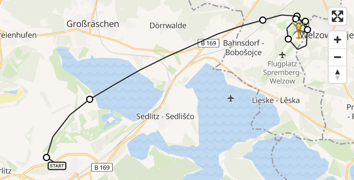 Flugroute Ambulanzhubschrauber ADAC Luftrettungsstation Senftenberg Hubschrauberlandeplatz - Welzow, 26 März 2026, 18:47
