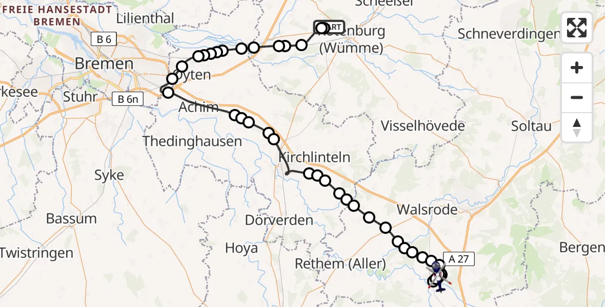Flugroute Polizeihubschrauber Rotenburg (Wümme) Flugplatz - Hodenhagen Flugplatz, 26 März 2026, 18:53