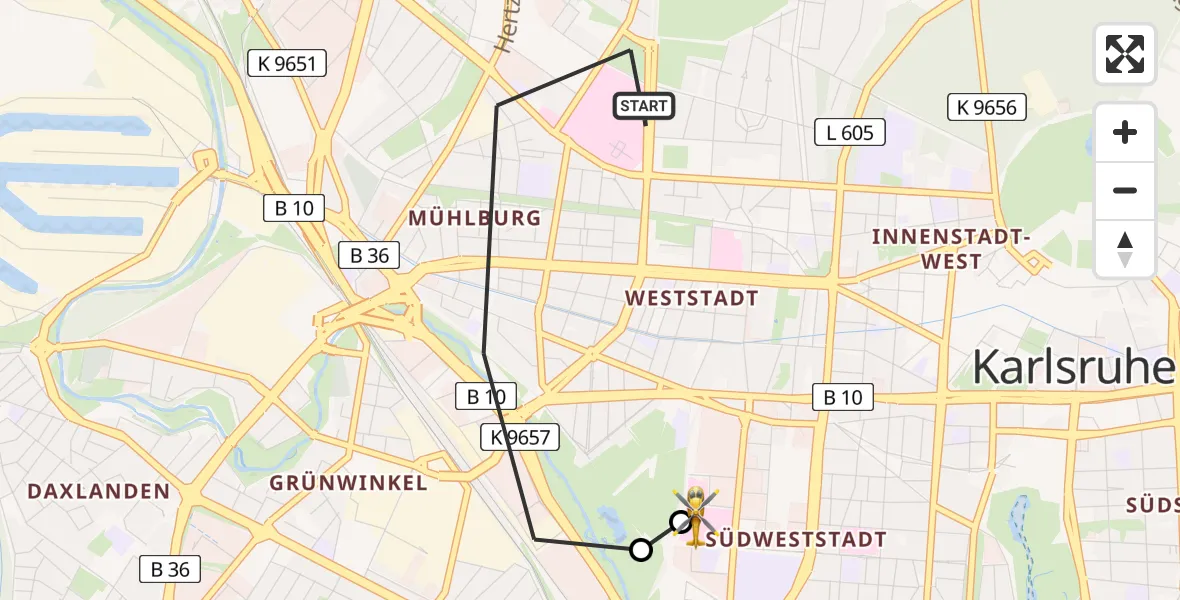 Flugroute Rettungshubschrauber Karlsruhe - Sankt Vincentius Hospital, 26 März 2026, 19:00
