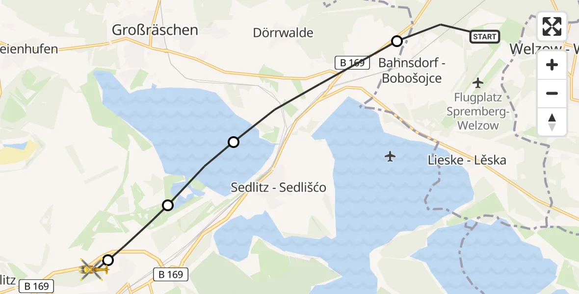 Flugroute Ambulanzhubschrauber Bahnsdorf - ADAC Luftrettungsstation Senftenberg Hubschrauberlandeplatz, 26 März 2026, 19:03