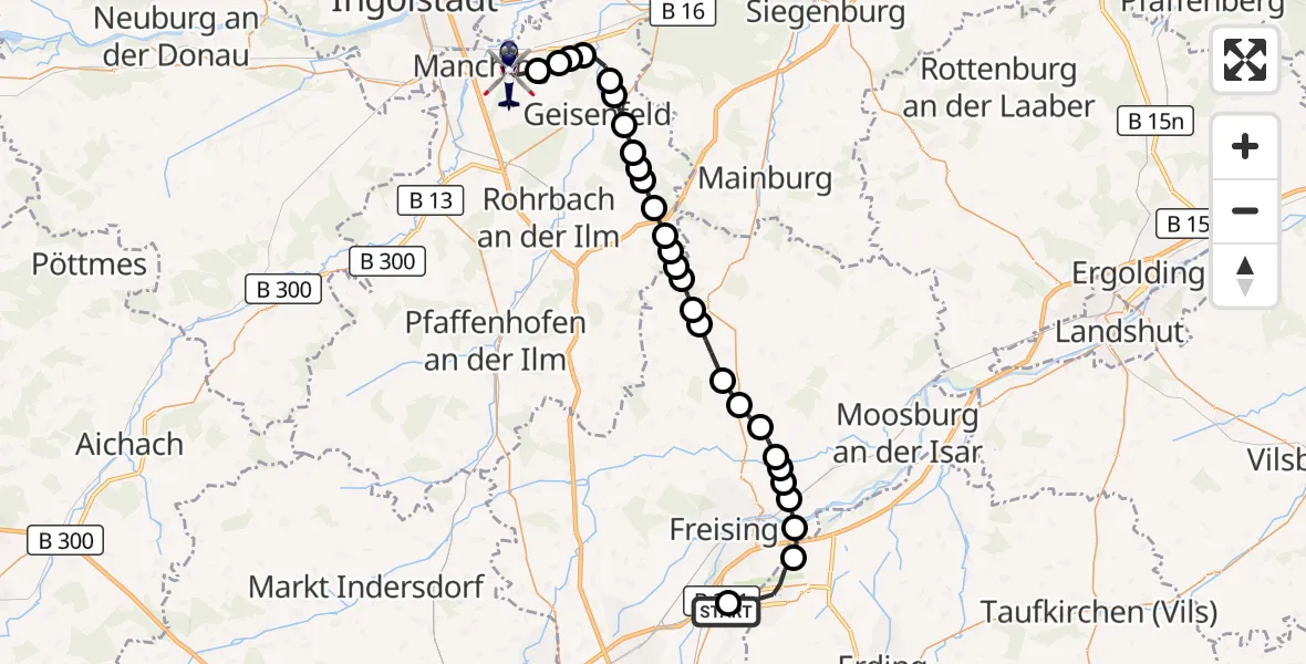 Flugroute Polizeihubschrauber Freising - Ingolstadt Manching Flughafen, 26 März 2026, 19:12