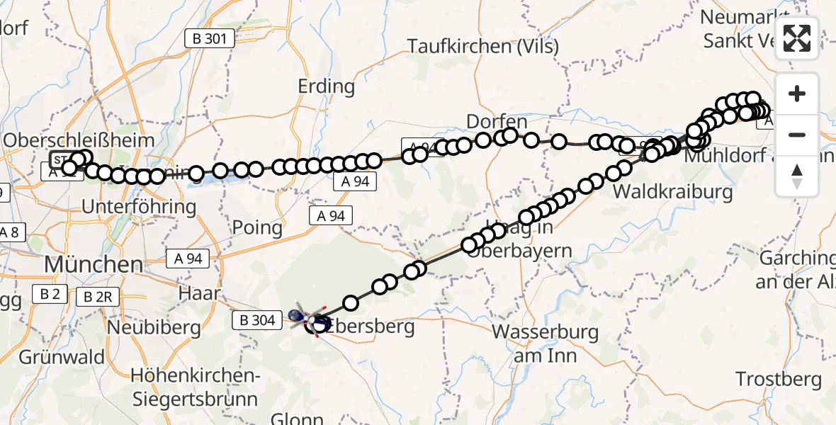 Routekaart van de vlucht: Polizeihubschrauber nach Eglhartinger Forst, Waldbahn