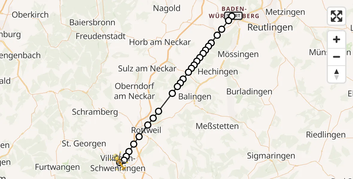 Flugroute Rettungshubschrauber Tübingen University Hospital - DRF Air Rescue Station Villingen-Schwenningen Hubschrauberlandeplatz (Christoph 11), 26 März 2026, 19:44