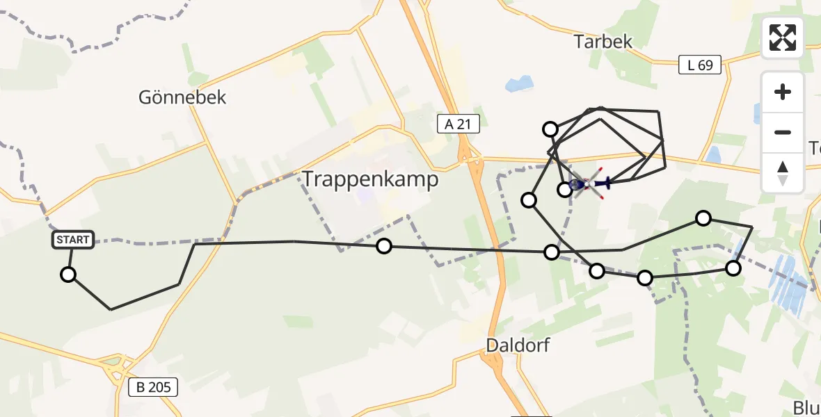 Routekaart van de vlucht: Polizeihubschrauber nach Tarbek, K 52