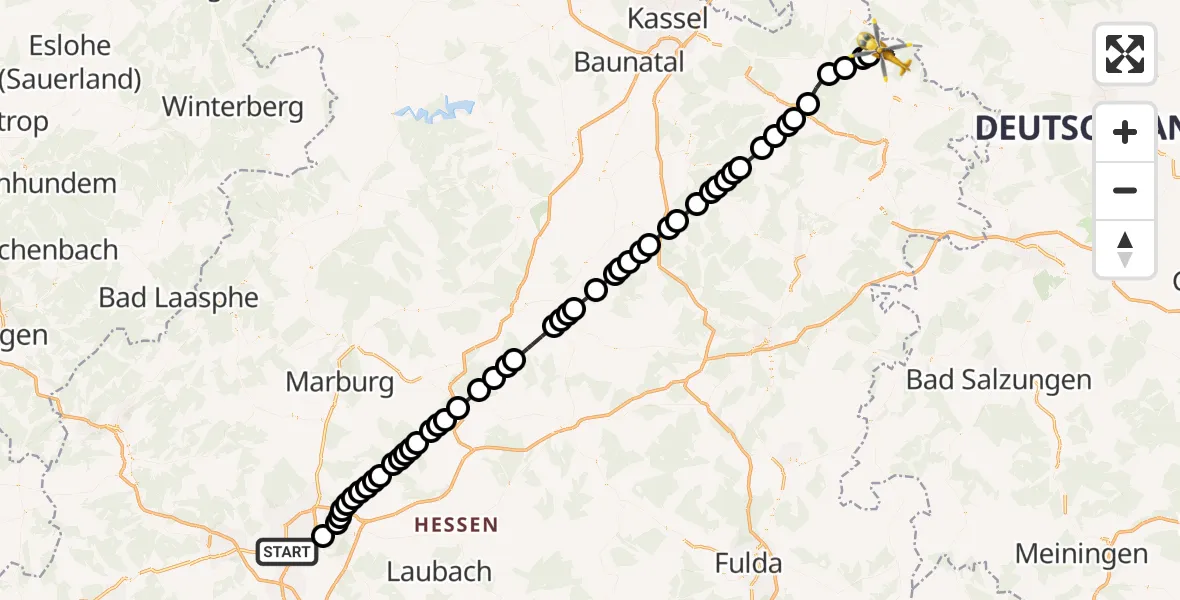Flugroute Rettungshubschrauber Gießen - Bad Sooden-Allendorf, 26 März 2026, 20:13