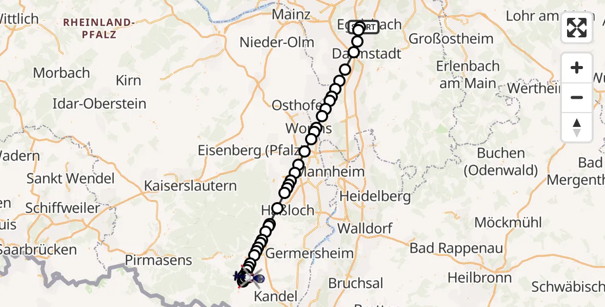 Flugroute Polizeihubschrauber Flughafen Frankfurt-Egelsbach - Klingen, 26 März 2026, 20:46