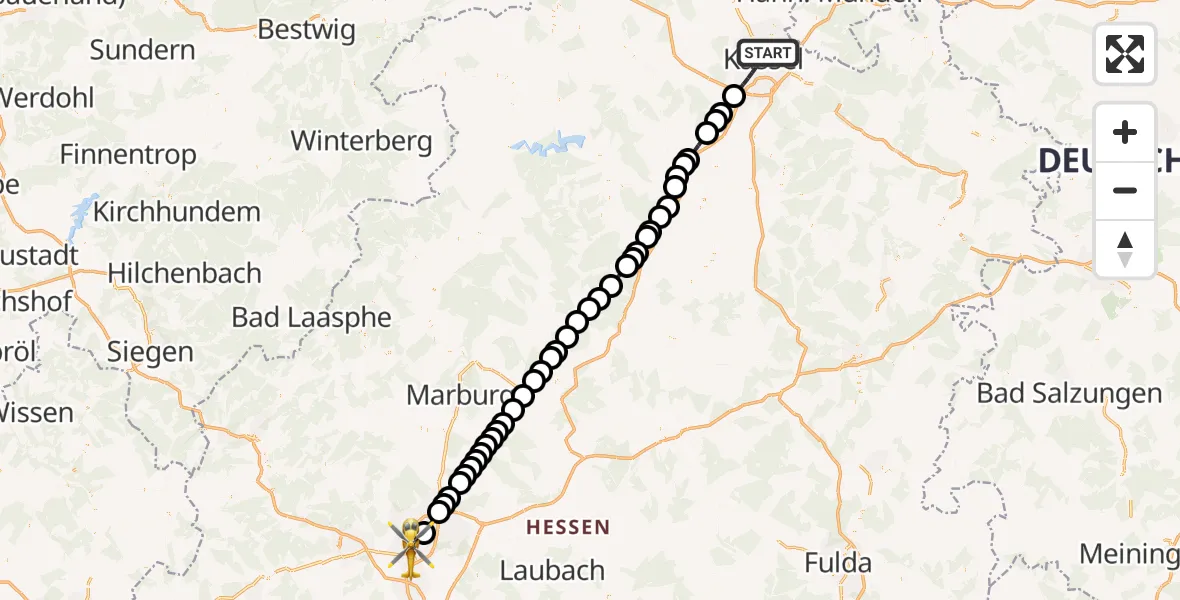 Flugroute Rettungshubschrauber Kassel - Gießen, 26 März 2026, 22:13