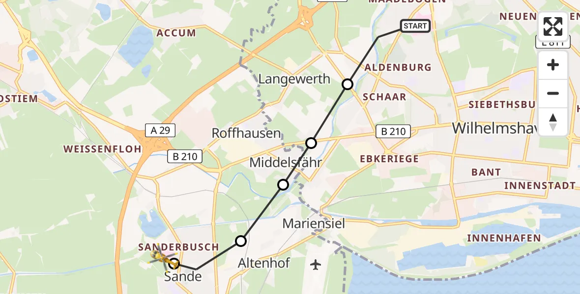 Flugroute Rettungshubschrauber Wilhelmshaven - Sande, 26 März 2026, 23:00
