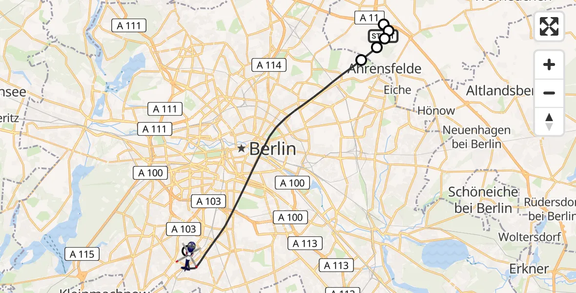 Flugroute Polizeihubschrauber Ahrensfelde Hubschrauberlandeplatz - Berlin, 27 März 2026, 01:02