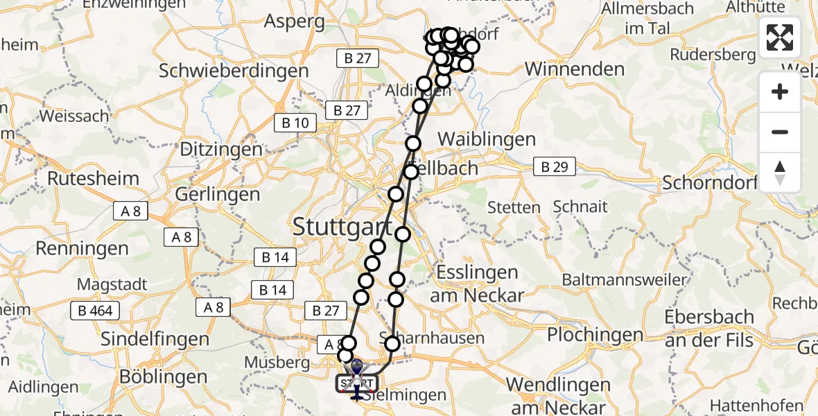 Flugroute Polizeihubschrauber Flughafen Stuttgart - Flughafen Stuttgart, 27 März 2026, 01:32