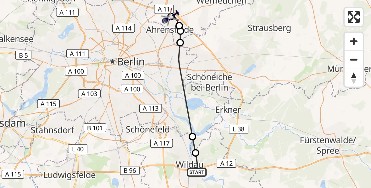 Routekaart van de vlucht: Polizeihubschrauber nach Ahrensfelde Hubschrauberlandeplatz