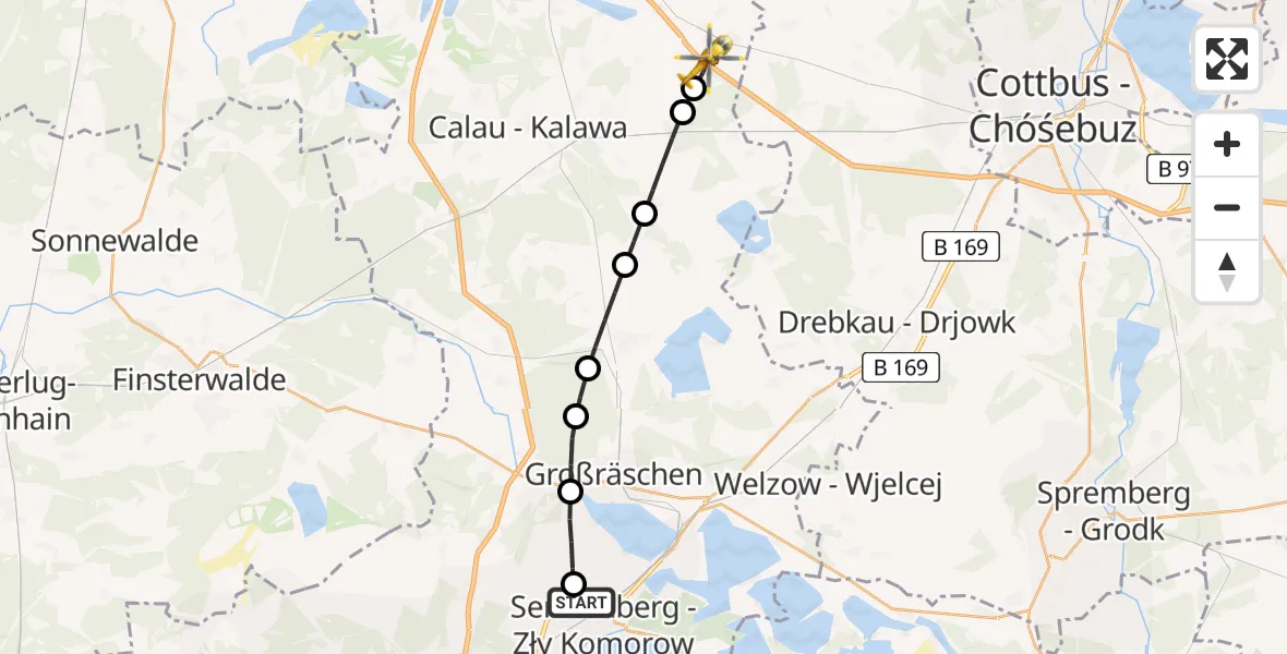 Flugroute Ambulanzhubschrauber ADAC Luftrettungsstation Senftenberg Hubschrauberlandeplatz - Lobendorf, 27 März 2026, 05:45
