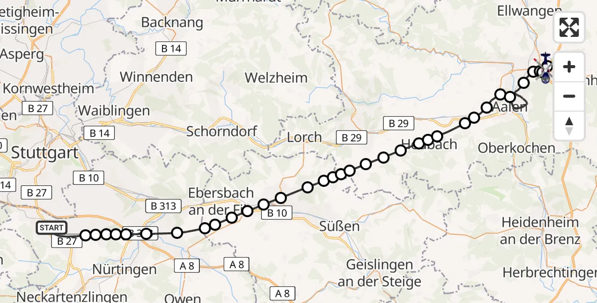 Routekaart van de vlucht: Polizeihubschrauber nach Westhausen, Dorfstraße