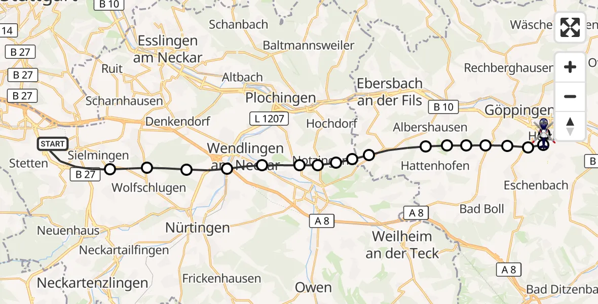 Flugroute Polizeihubschrauber Flughafen Stuttgart - Göppingen (Kernstadt), 27 März 2026, 05:59