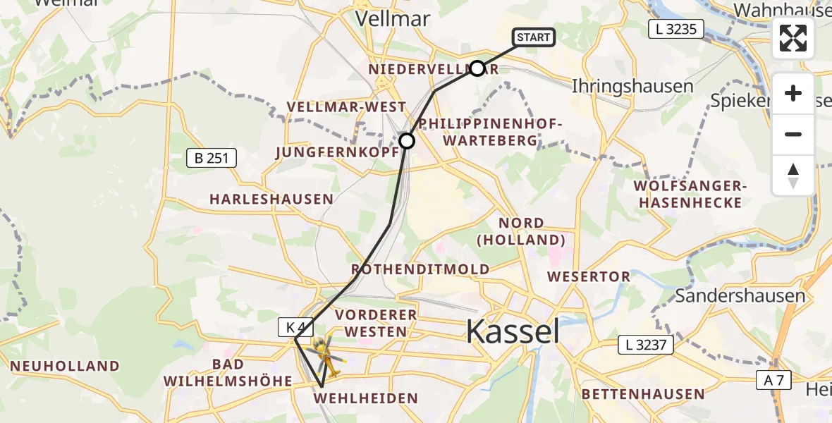 Flugroute Rettungshubschrauber Fuldatal Bundespolizei Hubschrauberlandeplatz - Kassel, 27 März 2026, 06:06