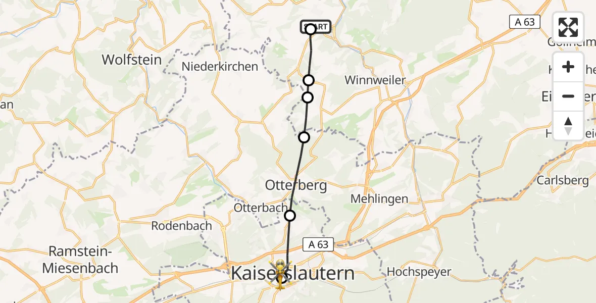 Flugroute Rettungshubschrauber Imsweiler UL - Westpfalz Hospital Kaiserslautern, 27 März 2026, 06:24