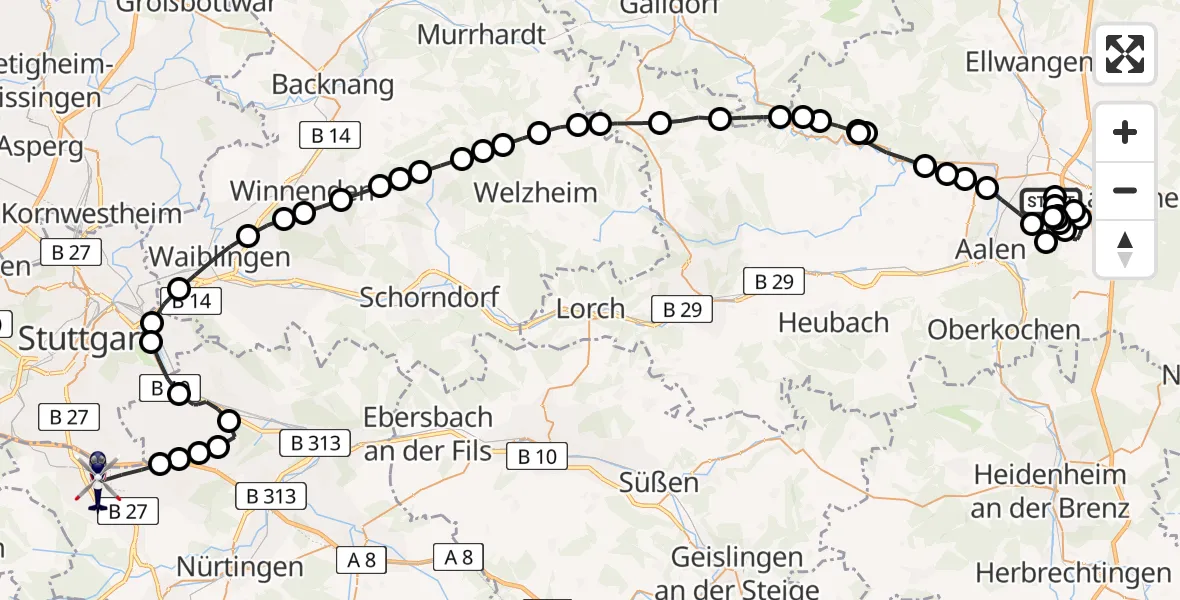 Flugroute Polizeihubschrauber Hofen - Flughafen Stuttgart, 27 März 2026, 06:32