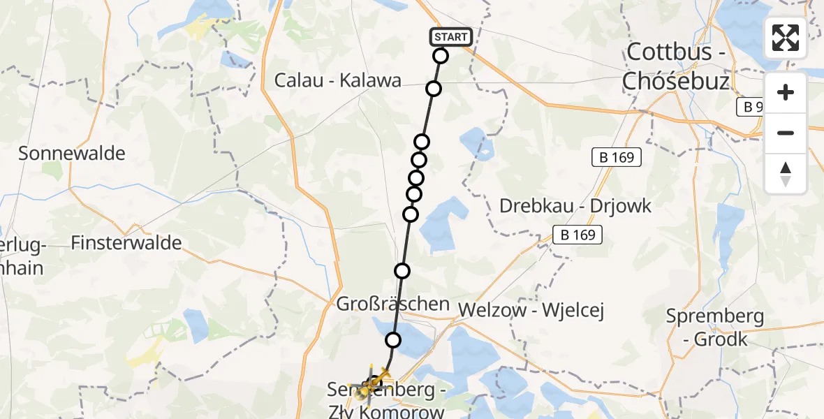 Flugroute Ambulanzhubschrauber Lobendorf - ADAC Luftrettungsstation Senftenberg Hubschrauberlandeplatz, 27 März 2026, 06:37