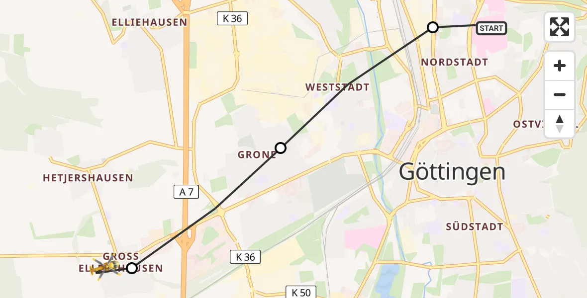 Flugroute Rettungshubschrauber Göttingen University Clinic Hubschrauberlandeplatz - Göttingen, 27 März 2026, 06:46