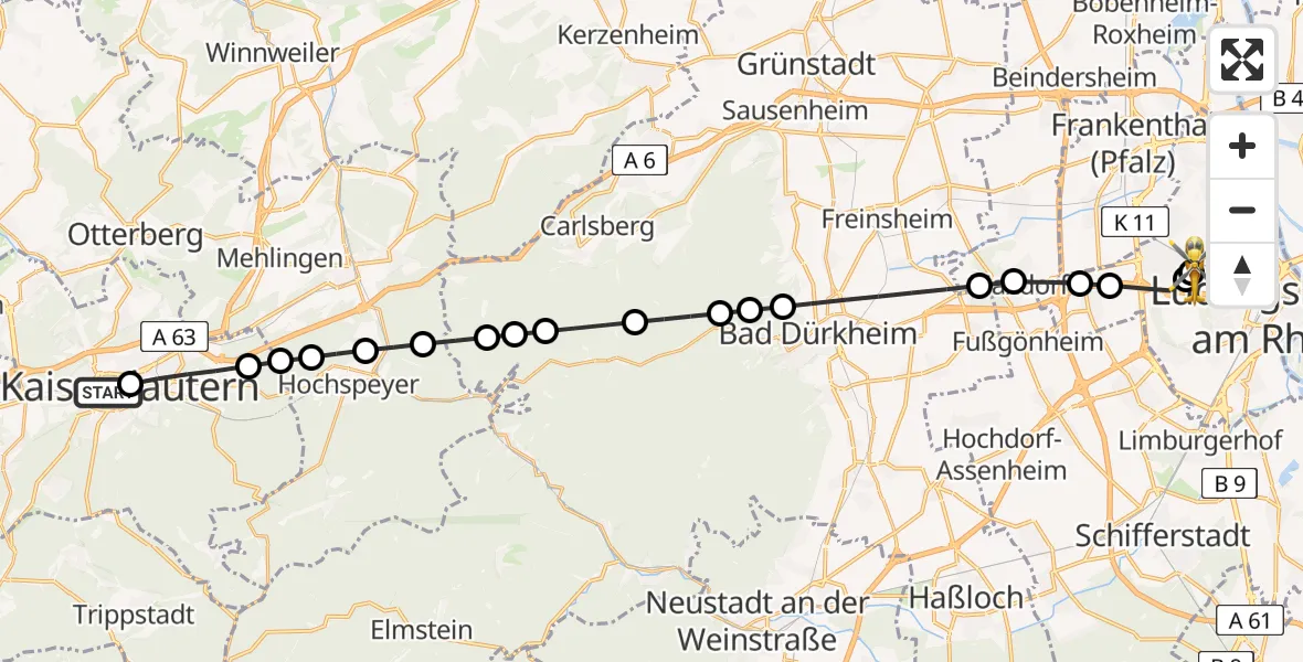 Flugroute Rettungshubschrauber Westpfalz Hospital Kaiserslautern - Ludwigshafen Accident Hospital, 27 März 2026, 06:48