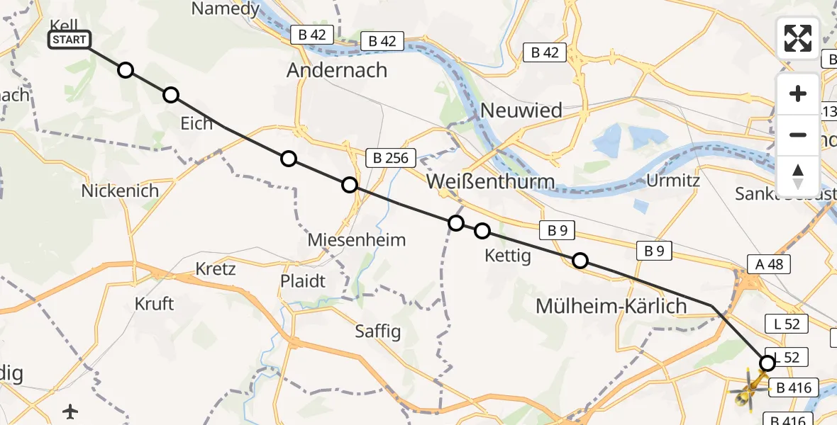 Flugroute Rettungshubschrauber Kell - Koblenz, 27 März 2026, 07:08