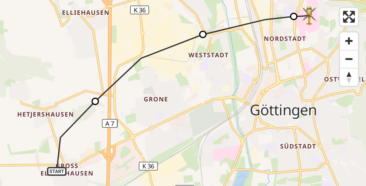 Flugroute Rettungshubschrauber Göttingen - Göttingen University Clinic Hubschrauberlandeplatz, 27 März 2026, 07:13