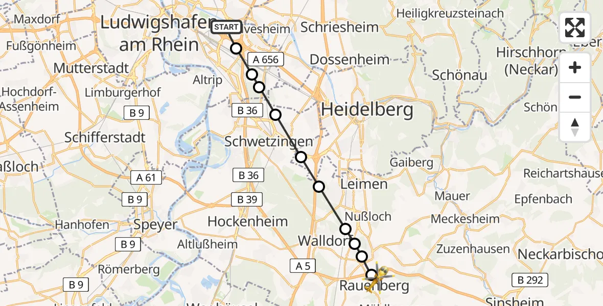 Routekaart van de vlucht: Rettungshubschrauber nach Rauenberg, Schönbornstraße